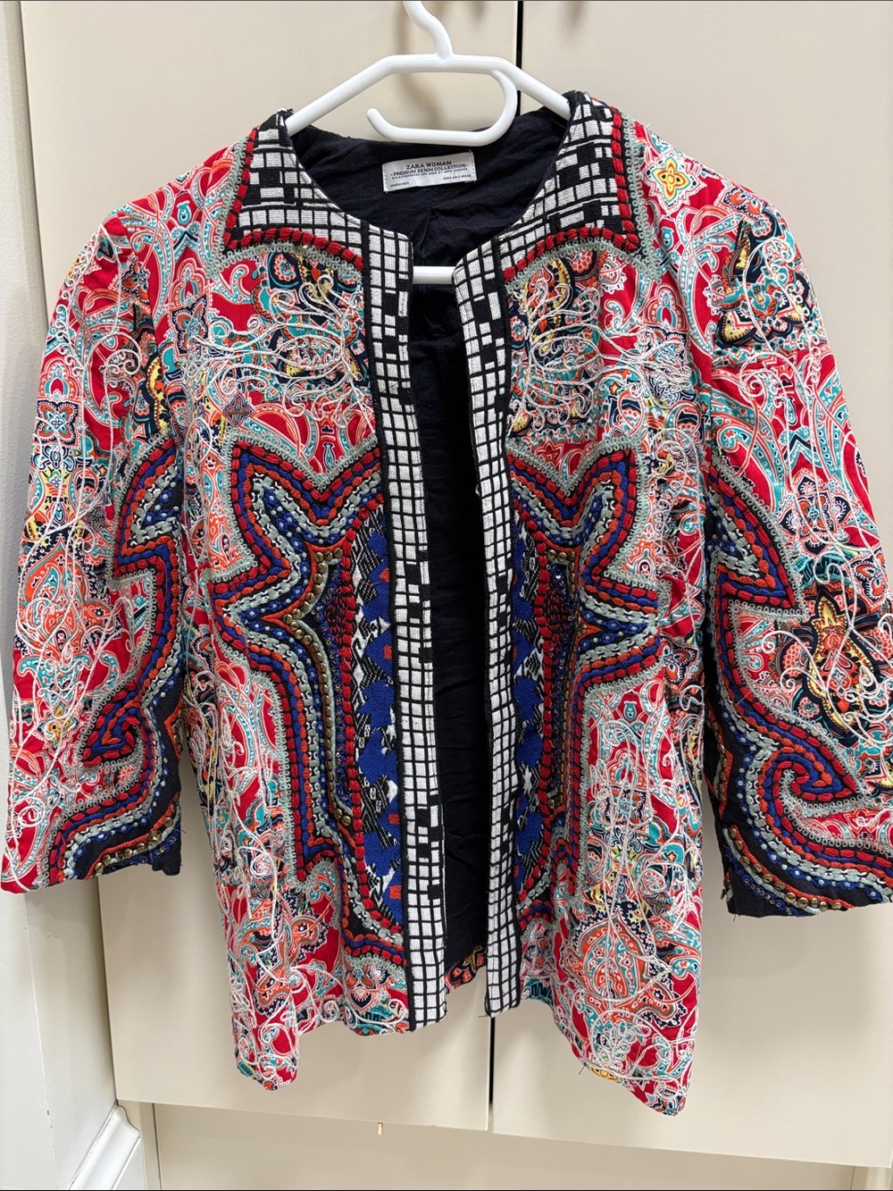 Zara Red Multicolor Embroidered Open-Front Blazer Jacket